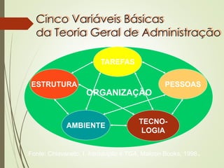 Cinco Variáveis Básicas
da Teoria Geral de Administração
Fonte: Chiavaneto, I. Introdução à TGA, Makron Books, 1998.
TAREFAS
PESSOAS
TECNO-
LOGIA
AMBIENTE
ESTRUTURA
ORGANIZAÇÃO
 