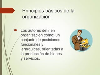 Principios básicos de la
organización
 Los autores definen
organizacion como: un
conjunto de posiciones
funcionales y
jerarquicas, orientadas a
la producción de bienes
y servicios.
 