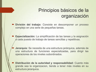 Principios básicos de la
organización
 División del trabajo: Consiste en descomponer un proceso
complejo en una serie de pequeñas tareas.
 Especialización: La simplificación de las tareas y la asignación
a cada puesto de trabajo de tareas sencillas y repetitivas.
 Jerarquia: Se necesita de una estructura jerárquica, además de
una estructura de funciones especializadas, para dirigir las
operaciones de los niveles subordinados.
 Distribución de la autoridad y responsabilidad: Cuanto más
grande sea la organizacion, tiende a tener más niveles en su
estructura jerarquica.
 