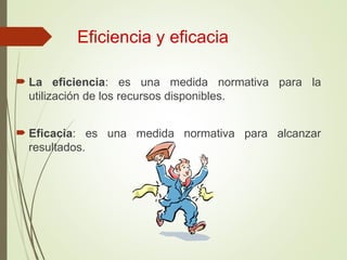 Eficiencia y eficacia
 La eficiencia: es una medida normativa para la
utilización de los recursos disponibles.
 Eficacia: es una medida normativa para alcanzar
resultados.
 