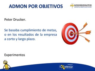 Peter Drucker.
Se basaba cumplimiento de metas,
o en los resultados de la empresa
a corto y largo plazo.
Experimentos
 