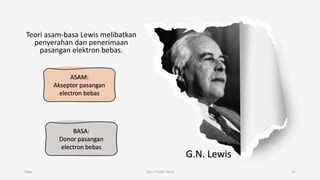 Teori asam-basa Lewis melibatkan
penyerahan dan penerimaan
pasangan elektron bebas.
Date Your Footer Here 15
G.N. Lewis
ASAM:
Akseptor pasangan
electron bebas
BASA:
Donor pasangan
electron bebas
 