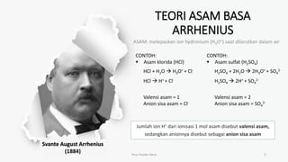 TEORI ASAM BASA
ARRHENIUS
ASAM: melepaskan ion hydronium (H3O+) saat dilarutkan dalam air
Your Footer Here 5
Jumlah ion H+ dari ionisasi 1 mol asam disebut valensi asam,
sedangkan anionnya disebut sebagai anion sisa asam
Svante August Arrhenius
(1884)
CONTOH:
 Asam klorida (HCl)
HCl + H2O  H3O+ + Cl-
HCl  H+ + Cl-
CONTOH:
 Asam sulfat (H2SO4)
H2SO4 + 2H2O  2H3O+ + SO4
2-
H2SO4  2H+ + SO4
2-
Valensi asam = 1
Anion sisa asam = Cl-
Valensi asam = 2
Anion sisa asam = SO4
2-
 