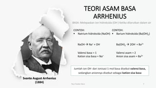TEORI ASAM BASA
ARRHENIUS
BASA: Melepaskan ion hidroksida (OH-) Ketika dilarutkan dalam air
Your Footer Here 7
Jumlah ion OH- dari ionisasi 1 mol basa disebut valensi basa,
sedangkan anionnya disebut sebagai kation sisa basa
Svante August Arrhenius
(1884)
CONTOH:
 Natrium hidroksida (NaOH)
NaOH  Na+ + OH-
CONTOH:
 Barium hidroksida (Ba(OH)2)
Ba(OH)2  2OH- + Ba2+
Valensi basa = 1
Kation sisa basa = Na+
Valensi asam = 2
Anion sisa asam = Ba2+
 