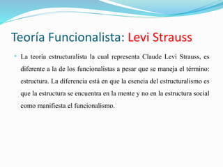 Teoría Funcionalista: Levi Strauss 
• La teoría estructuralista la cual representa Claude Levi Strauss, es 
diferente a la de los funcionalistas a pesar que se maneja el término: 
estructura. La diferencia está en que la esencia del estructuralismo es 
que la estructura se encuentra en la mente y no en la estructura social 
como manifiesta el funcionalismo. 
 