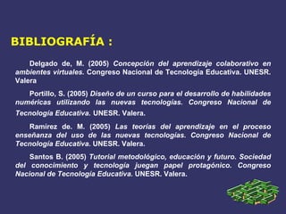 BIBLIOGRAFÍA : Delgado de, M. (2005)  Concepción del aprendizaje colaborativo en ambientes virtuales.  Congreso Nacional de Tecnología Educativa. UNESR. Valera Portillo, S. (2005)  Diseño de un curso para el desarrollo de habilidades numéricas utilizando las nuevas tecnologías. Congreso Nacional de Tecnología Educativa.   UNESR. Valera. Ramírez de. M. (2005)  Las teorías del aprendizaje en el proceso enseñanza del uso de las nuevas tecnologías.   Congreso Nacional de Tecnología Educativa.   UNESR. Valera. Santos B. (2005)  Tutorial metodológico, educación y futuro. Sociedad del conocimiento y tecnología juegan papel protagónico.   Congreso Nacional de Tecnología Educativa.   UNESR. Valera. 