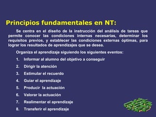 Principios fundamentales en NT: Se centra en el diseño de la instrucción del análisis de tareas que permite conocer las condiciones internas necesarias, determinar los requisitos previos, y establecer las condiciones externas óptimas, para lograr los resultados de aprendizajes que se desea. Organiza el aprendizaje siguiendo los siguientes eventos: Informar al alumno del objetivo a conseguir Dirigir la atención Estimular el recuerdo Guiar el aprendizaje  Producir  la actuación Valorar la actuación Realimentar el aprendizaje Transferir el aprendizaje 