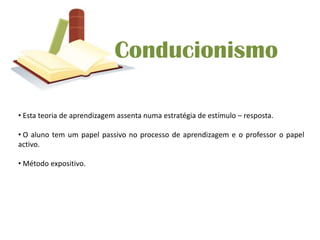 Conducionismo Esta teoria de aprendizagem assenta numa estratégia de estímulo – resposta. 