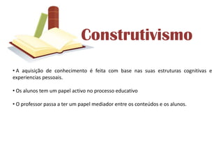  Método expositivo.Esta teoria de aprendizagem assenta numa estratégia de estímulo – resposta. O aluno tem um papel passivo no processo de aprendizagem e o professor o papel activo. No entanto, essa actividade fica essencialmente marcada pelo método expositivo. Apresenta-se aos alunos um determinado conteúdo e espera-se uma determinada resposta. Depois, o professor analisa as respostas dadas e fornece a informação referente aos resultados atingidos. Espera-se que os resultados positivos estimulem o aluno a interiorizar os conteúdos da aula e que os resultados negativos o estimulem a melhorar. Sob esta metodologia os alunos são receptáculos de conhecimentos que lhe são transmitidos sem ter em conta o seu desenvolvimento cognitivo, ignoram-se os seus conhecimentos prévios acerca das matérias e os seus interesses e ritmos de aprendizagem.