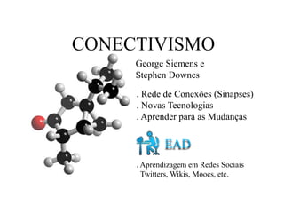 CONECTIVISMO
. Rede de Conexões (Sinapses)
. Novas Tecnologias
. Aprender para as Mudanças
George Siemens e
Stephen Downes
EAD
. Aprendizagem em Redes Sociais
Twitters, Wikis, Moocs, etc.
 