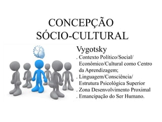 CONCEPÇÃO
SÓCIO-CULTURAL
Vygotsky
. Contexto Político/Social/
Econômico/Cultural como Centro
da Aprendizagem;
. Linguagem/Consciência/
Estrutura Psicológica Superior
. Zona Desenvolvimento Proximal
. Emancipação do Ser Humano.
 