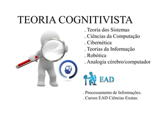 TEORIA COGNITIVISTA
EAD
. Processamento de Informações.
. Cursos EAD Ciências Exatas.
. Teoria dos Sistemas
. Ciências da Computação
. Cibernética
. Teorias da Informação
. Robótica
. Analogia cérebro/computador
 