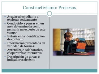 Constructivismo: Procesos
 Ayudar al estudiante a
    explorar activamente
   Conducirlo a pensar en un
    área determinada como
    pensaría un experto de este
    campo
   Enfasis en la identificación
    de contexto
   Información presentada en
    variedad de formas.
   Aprendizaje colaborativo,
    cooperativo e interactivo
   Descripción de tareas e
    indicadores de éxito
 