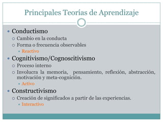 Principales Teorías de Aprendizaje

 Conductismo
   Cambio en la conducta
   Forma o frecuencia observables
       Reactivo
 Cognitivismo/Cognoscitivismo
   Proceso interno
   Involucra la memoria, pensamiento, reflexión, abstracción,
    motivación y meta-cognición.
       Activo
 Constructivismo
   Creación de significados a partir de las experiencias.
       Interactivo
 