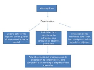 Metacognición
Características
Llegar a conocer los
objetivos que se quieren
alcanzar con el esfuerzo
mental
Posibilidad de la
elección de las
estrategias para
conseguir los objetivos
planteados
Evaluación de los
resultados para saber
hasta qué punto se han
logrado los objetivos
Auto observación del propio proceso de
elaboración de conocimientos, para
comprobar si las estrategias elegidas son las
adecuadas
 