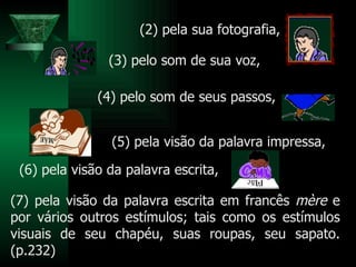 (2) pela sua fotografia,  (3) pelo som de sua voz,  (4) pelo som de seus passos,  (5) pela visão da palavra impressa,  (6) pela visão da palavra escrita,  (7) pela visão da palavra escrita em francês  mère  e por vários outros estímulos; tais como os estímulos visuais de seu chapéu, suas roupas, seu sapato. (p.232) 