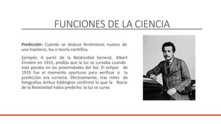 FUNCIONES DE LA CIENCIA
Predicción: Cuando se deduce fenómenos nuevos de
una hipótesis, ley o teoría científica.
Ejemplo: A partir de la Relatividad General, Albert
Einstein en 1915, predijo que la luz se curvaba cuando
esta pasaba en las proximidades del Sol. El eclipse
1919 fue el momento oportuno para verificar si
predicción era correcta. Efectivamente, tras miles
de
la
de
fotografías Arthur Eddington confirmó lo que la
de la Relatividad había predicho: la luz se curva.
Teoría
DOCENTE: Danilo Hernández
 