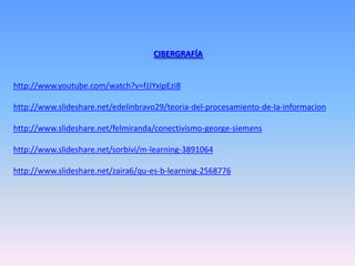 CIBERGRAFÍA


http://www.youtube.com/watch?v=fJJYxipEzi8

http://www.slideshare.net/edelinbravo29/teoria-del-procesamiento-de-la-informacion

http://www.slideshare.net/felmiranda/conectivismo-george-siemens

http://www.slideshare.net/sorbivi/m-learning-3891064

http://www.slideshare.net/zaira6/qu-es-b-learning-2568776
 