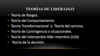 TEORÍAS DE LIDERAZGO
• Teoría de Rasgos.
• Teoría del Comportamiento.
• Teoría Transformacional o Teoría del carisma.
• Teoría de Contingencia o situacionales.
• Teoría del intercambio líder-miembro (ILM)
• Teoría de la decisión.
 