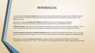 REFERENCIAS
Armstrong,T. (1999). Las Inteligencias Múltiples en el aula: Guía práctica para educadores. Disponible:
https://www.orientacionandujar.es/wp-content/uploads/2015/05/Armstrong-2.pdf Madrid: Manantial.
MoraVargas, Ana Isabel La evaluación educativa:Concepto, períodos y modelos Revista Electrónica "Actualidades
Investigativas en Educación", vol. 4, núm. 2, julio-diciembre, 2004. Disponible: http://www.redalyc.org/pdf/447/44740201.pdf.
El constructivismo como teoría y método de enseñanza Sophia, Colección de Filosofía de la Educación, núm. 19, 2015, pp.
93-110 Universidad Politécnica Salesiana Cuenca, Ecuador Disponible: http://www.redalyc.org/pdf/4418/441846096005.pdf
Evaluación Integral, Jack Fleitman libro de Evaluación Integral escrito por este mismo autor y editado por MaGraw - Hill en
el año de 1993. Disponible: https://www.researchgate.net/publication/44507605_Evaluacion_integral_Jack_Fleitman
Araujo Díaz David, Evaluación Integral, Diplomado: Desarrollo de Habilidades Docentes para el Nuevo Modelo Educativo.
Instituto Politécnico Nacional Escuela Superior de Computo, Disponible: http://www.geocities.ws/daraujo12/dip_2.pdf
(Mexico D.F. 2005).
 