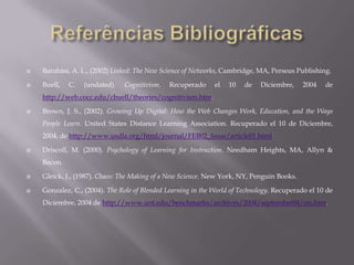 Referências BibliográficasGredler, M. E., (2005) Learning and Instruction: Theory into Practice – 5th Edition, Upper Saddle River, NJ, Pearson Education.Kleiner, A. (2002). Karen Stephenson’s Quantum Theory of Trust.Recuperado el 10 de Diciembre, 2004 de http://www.netform.com/html/s+b%20article.pdf.Landauer, T. K., Dumais, S. T. (1997). A Solution to Plato’s Problem: The Latent Semantic Analysis Theory of Acquisition, Induction and Representation of Knowledge.Recuperado el 10 de Diciembre, 2004 de http://lsa.colorado.edu/papers/plato/plato.annote.html. Rocha, L. M. (1998). Selected Self-Organization and the Semiotics of Evolutionary Systems.Recuperado el 10 de Diciembre, 2004 de http://informatics.indiana.edu/rocha/ises.html. 