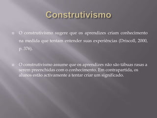 Limitações: Behaviorismo, Cognitivismo e ConstrutivismoVisão da aprendizagem como um processo que ocorre apenas dentro da pessoaFalham na descrição da forma como a aprendizagem ocorre nas organizaçõesAs teorias estão centradas em si mesmas e não naquilo  que se está a aprender