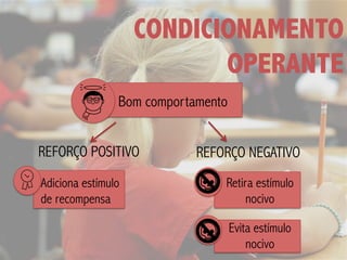 CONDICIONAMENTO
OPERANTE
Bom comportamento
REFORÇO POSITIVO REFORÇO NEGATIVO
Adiciona estímulo
de recompensa
Retira estímulo
nocivo
Evita estímulo
nocivo
 