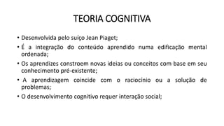 TEORIA COGNITIVA
• Desenvolvida pelo suíço Jean Piaget;
• É a integração do conteúdo aprendido numa edificação mental
ordenada;
• Os aprendizes constroem novas ideias ou conceitos com base em seu
conhecimento pré-existente;
• A aprendizagem coincide com o raciocínio ou a solução de
problemas;
• O desenvolvimento cognitivo requer interação social;
 