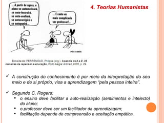 4. Teorias Humanistas
 A construção do conhecimento é por meio da interpretação do seu
meio e de si próprio, visa a aprendizagem “pela pessoa inteira”.
 Segundo C. Rogers:
 o ensino deve facilitar a auto-realização (sentimentos e intelecto)
do aluno;
 o professor deve ser um facilitador da aprendizagem;
 facilitação depende de compreensão e aceitação empática.
 