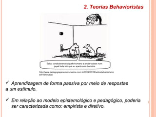 2. Teorias Behavioristas
 Aprendizagem de forma passiva por meio de respostas
a um estímulo.
 Em relação ao modelo epistemológico e pedagógico, poderia
ser caracterizada como: empirista e diretivo.
http://www.pedagogiaparaconcurseiros.com.br/2014/01/16/sobrebehabiorismo
em15minutos/
Estou condicionando aquele humano a anotar coisas num
papel toda vez que eu aperto esta barrinha.
 