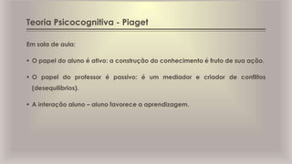 Teoria Psicocognitiva - Piaget
Em sala de aula:
 O papel do aluno é ativo: a construção do conhecimento é fruto de sua ação.
 O papel do professor é passivo: é um mediador e criador de conflitos
(desequilíbrios).
 A interação aluno – aluno favorece a aprendizagem.
 