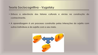 Teoria Sociocognitiva - Vygotsky
 Enfoca a relevância dos fatores culturais e sócias na construção do
conhecimento.
 A aprendizagem é um processo construído pelas interações do sujeito com
outros indivíduos e do sujeito com o seu meio.
 