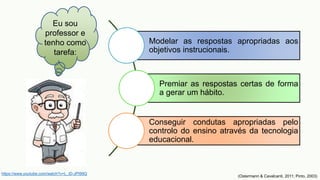 Modelar as respostas apropriadas aos
objetivos instrucionais.
Premiar as respostas certas de forma
a gerar um hábito.
Conseguir condutas apropriadas pelo
controlo do ensino através da tecnologia
educacional.
Eu sou
professor e
tenho como
tarefa:
https://www.youtube.com/watch?v=L_iD-JPI99Q
(Ostermann & Cavalcanti, 2011; Pinto, 2003)
 