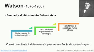  Fundador do Movimento Behaviorista
https://www.youtube.com/watch?v=g4gmwQ0vw0A
Distanciou-se do
método empírico
Usou o método
experimental na
psicologia
Transformou a
psicologia numa
ciência
O meio ambiente é determinante para a ocorrência de aprendizagem
Watson (1878-1958)
(Calháu, 2008; Nunes & Silveira, 2015; Ostermann & Cavalcanti, 2011)
 