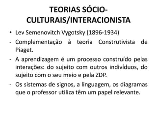 TEORIAS SÓCIO-
CULTURAIS/INTERACIONISTA
• Lev Semenovitch Vygotsky (1896-1934)
- Complementação à teoria Construtivista de
Piaget.
- A aprendizagem é um processo construído pelas
interações: do sujeito com outros indivíduos, do
sujeito com o seu meio e pela ZDP.
- Os sistemas de signos, a linguagem, os diagramas
que o professor utiliza têm um papel relevante.
 