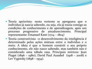  Teoria apriorista: nesta vertente se apregoava que o
indíviduo já nascia sabendo, ou seja, ela já trazia consigo as
condições de conhecimento e de aprendizagem, após um
processo progressivo de amadurecimento. Principal
representante: Emanuel Kant (1724 – 1804)
 Teoria construtivista –o desenvolvimento da inteligência é
determinado pelas ações mútuas entre o indivíduo e o
meio. A ideia é que o homem constrói o seu próprio
conhecimento, ele não nasce sabendo, mas também não é
considerado uma tábula rasa. Principais teóricos: Jean
Piaget (1896 – 1980); David Paul Ausubel (1918 – 2008) e
Lev Vygotsky (1898 – 1934).
 