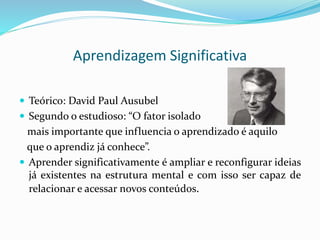 Aprendizagem Significativa
 Teórico: David Paul Ausubel
 Segundo o estudioso: “O fator isolado
mais importante que influencia o aprendizado é aquilo
que o aprendiz já conhece”.
 Aprender significativamente é ampliar e reconfigurar ideias
já existentes na estrutura mental e com isso ser capaz de
relacionar e acessar novos conteúdos.
 