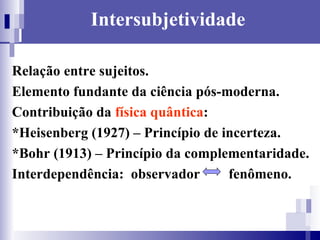 Intersubjetividade Relação entre sujeitos. Elemento fundante da ciência pós-moderna. Contribuição da  física quântica : *Heisenberg (1927) – Princípio de incerteza. *Bohr (1913) – Princípio da complementaridade.  Interdependência:  observador  fenômeno.  