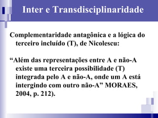 Inter e Transdisciplinaridade Complementaridade antagônica e a lógica do terceiro incluído (T), de Nicolescu: “ Além das representações entre A e não-A existe uma terceira possibilidade (T) integrada pelo A e não-A, onde um A está intergindo com outro não-A” MORAES, 2004, p. 212). 