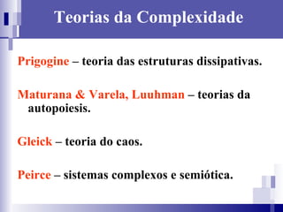 Teorias da Complexidade Prigogine  – teoria das estruturas dissipativas. Maturana & Varela, Luuhman  – teorias da autopoiesis. Gleick  – teoria do caos. Peirce  – sistemas complexos e semiótica. 