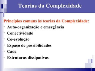 Teorias da Complexidade Princípios comuns às teorias da Complexidade: Auto-organização e emergência Conectividade Co-evolução Espaço de possibilidades Caos Estruturas dissipativas 