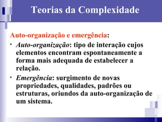 Teorias da Complexidade Auto-organização e emergência : Auto-organização : tipo de interação cujos elementos encontram espontaneamente a forma mais adequada de estabelecer a relação.  Emergência : surgimento de novas propriedades, qualidades, padrões ou estruturas, oriundos da auto-organização de um sistema. 