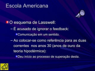 Escola Americana


 O esquema de Lasswell:
 – É acusado de ignorar o feedback:
     Comunicação em um sentido.
 – Ao colocar-se como referência para as duas
   correntes nos anos 30 (anos de ouro da
   teoria hipodérmica):
     Deu início ao processo de superação desta.
 