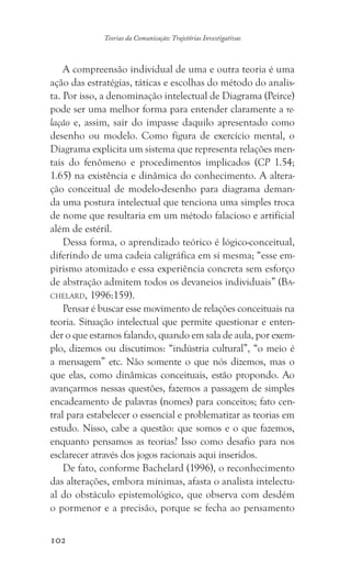 102
Teorias da Comunicação: Trajetórias Investigativas
A compreensão individual de uma e outra teoria é uma
ação das estratégias, táticas e escolhas do método do analis-
ta. Por isso, a denominação intelectual de Diagrama (Peirce)
pode ser uma melhor forma para entender claramente a re-
lação e, assim, sair do impasse daquilo apresentado como
desenho ou modelo. Como figura de exercício mental, o
Diagrama explicita um sistema que representa relações men-
tais do fenômeno e procedimentos implicados (CP 1.54;
1.65) na existência e dinâmica do conhecimento. A altera-
ção conceitual de modelo-desenho para diagrama deman-
da uma postura intelectual que tenciona uma simples troca
de nome que resultaria em um método falacioso e artificial
além de estéril.
Dessa forma, o aprendizado teórico é lógico-conceitual,
diferindo de uma cadeia caligráfica em si mesma; “esse em-
pirismo atomizado e essa experiência concreta sem esforço
de abstração admitem todos os devaneios individuais” (Ba-
chelard, 1996:159).
Pensar é buscar esse movimento de relações conceituais na
teoria. Situação intelectual que permite questionar e enten-
der o que estamos falando, quando em sala de aula, por exem-
plo, dizemos ou discutimos: “indústria cultural”, “o meio é
a mensagem” etc. Não somente o que nós dizemos, mas o
que elas, como dinâmicas conceituais, estão propondo. Ao
avançarmos nessas questões, fazemos a passagem de simples
encadeamento de palavras (nomes) para conceitos; fato cen-
tral para estabelecer o essencial e problematizar as teorias em
estudo. Nisso, cabe a questão: que somos e o que fazemos,
enquanto pensamos as teorias? Isso como desafio para nos
esclarecer através dos jogos racionais aqui inseridos.
De fato, conforme Bachelard (1996), o reconhecimento
das alterações, embora mínimas, afasta o analista intelectu-
al do obstáculo epistemológico, que observa com desdém
o pormenor e a precisão, porque se fecha ao pensamento
 