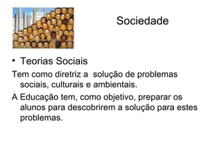 Sociedade Teorias Sociais Tem como diretriz a  solução de problemas sociais, culturais e ambientais. A Educação tem, como objetivo, preparar os alunos para descobrirem a solução para estes problemas. 