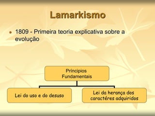 Lamarkismo
1809 - Primeira teoria explicativa sobre a
evolução
Príncipios
Fundamentais
Lei do uso e do desuso
Lei da herança dos
caractéres adquiridos
 