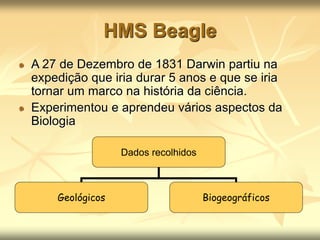 HMS Beagle
A 27 de Dezembro de 1831 Darwin partiu na
expedição que iria durar 5 anos e que se iria
tornar um marco na história da ciência.
Experimentou e aprendeu vários aspectos da
Biologia
Dados recolhidos
Geológicos Biogeográficos
 