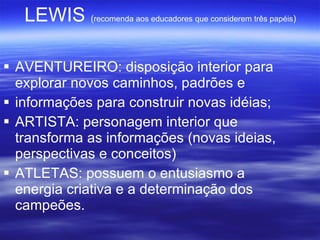 AVENTUREIRO: disposição interior para explorar novos caminhos, padrões e  informações para construir novas idéias; ARTISTA: personagem interior que transforma as informações (novas ideias, perspectivas e conceitos)‏ ATLETAS: possuem o entusiasmo a energia criativa e a determinação dos campeões. LEWIS  ( recomenda aos educadores   que considerem três papéis ) 