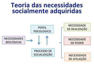 NECESSIDADES	
  
BIOLÓGICAS	
  
PERFIL	
  
PSICOLOGICO	
  
PROCESSO	
  DE	
  
SOCIALIZAÇÃO	
  
NECESSIDADE	
  
DE	
  REALIZAÇÃO	
  
NECESSIDADE	
  
DE	
  PODER	
  
NECESSIDADE	
  
DE	
  AFILIAÇÃO	
  
 