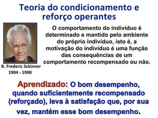 O comportamento do indivíduo é
determinado e mantido pelo ambiente
do próprio indivíduo, isto é, a
motivação do indivíduo é uma função
das consequências de um
comportamento recompensado ou não.
B.	
  Frederic	
  Sckinner	
  
1904	
  -­‐	
  1990	
  
 